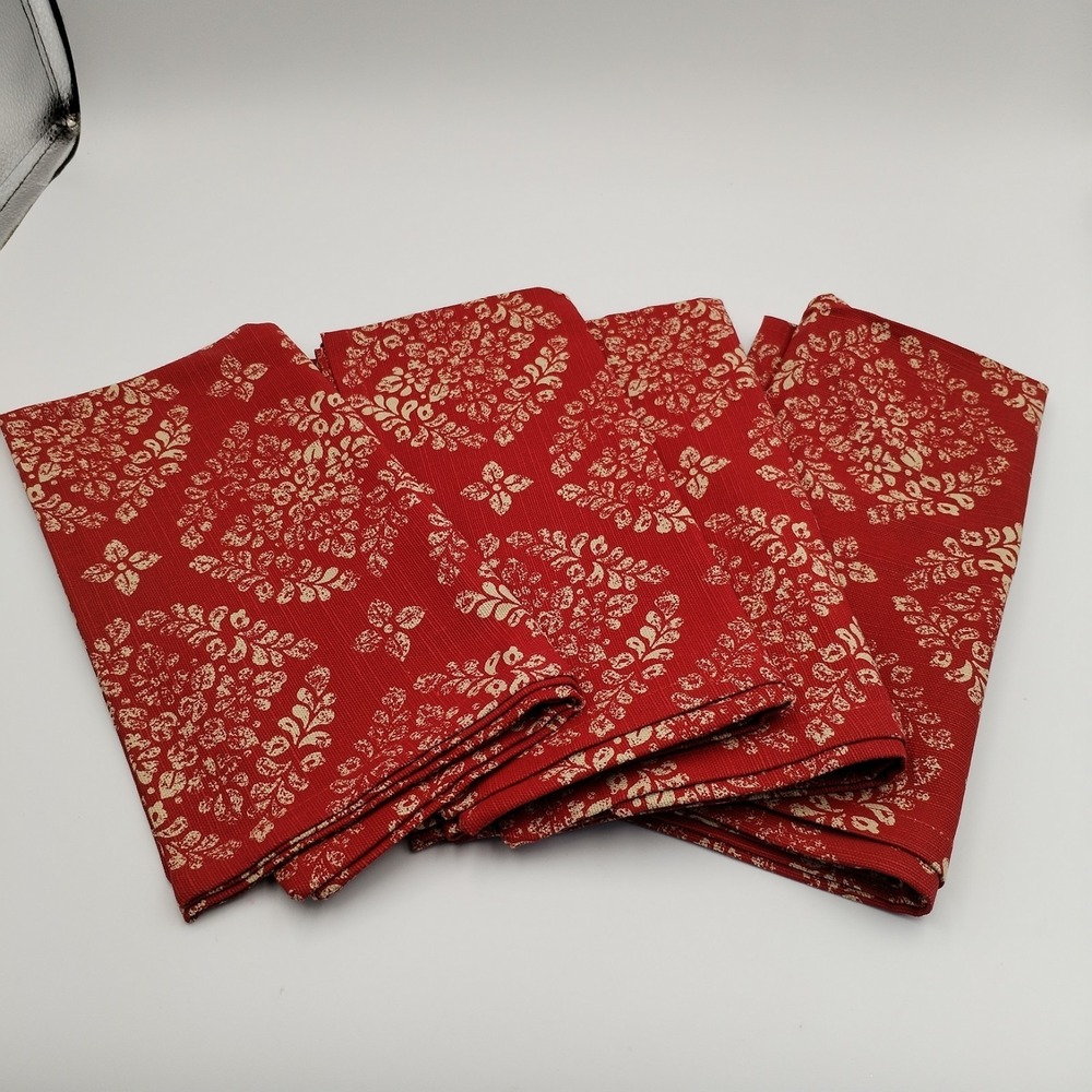 Set of 4 O HOME Cloth Napkins Redโ Tan Damask Floral Woven Dinner 20"x20" India